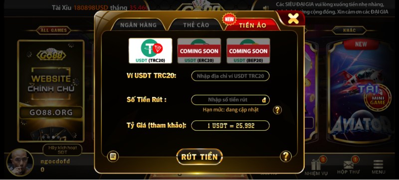 Rút tiền Go88 qua tiền ảo khá dễ dàng